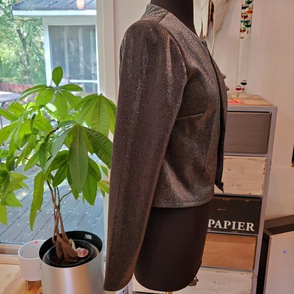 NWT T Tahari Shimmer Gunmetal Black/Silver Shimmer Zip Front Jacket Party Sz S - Picture 5 of 6